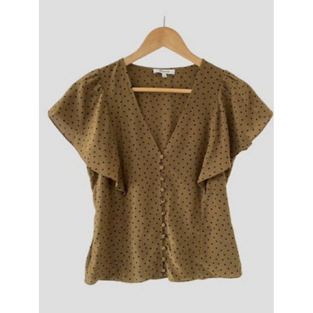 Madewell Silk Carmelina Brown Polka Dot Button-Front Flutter Sleeve Top